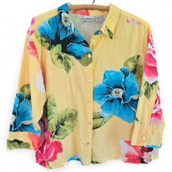 Chico's Tops - Chicos Medium/2 Women's Large Yellow Floral Print Linen Button-Up Blouse